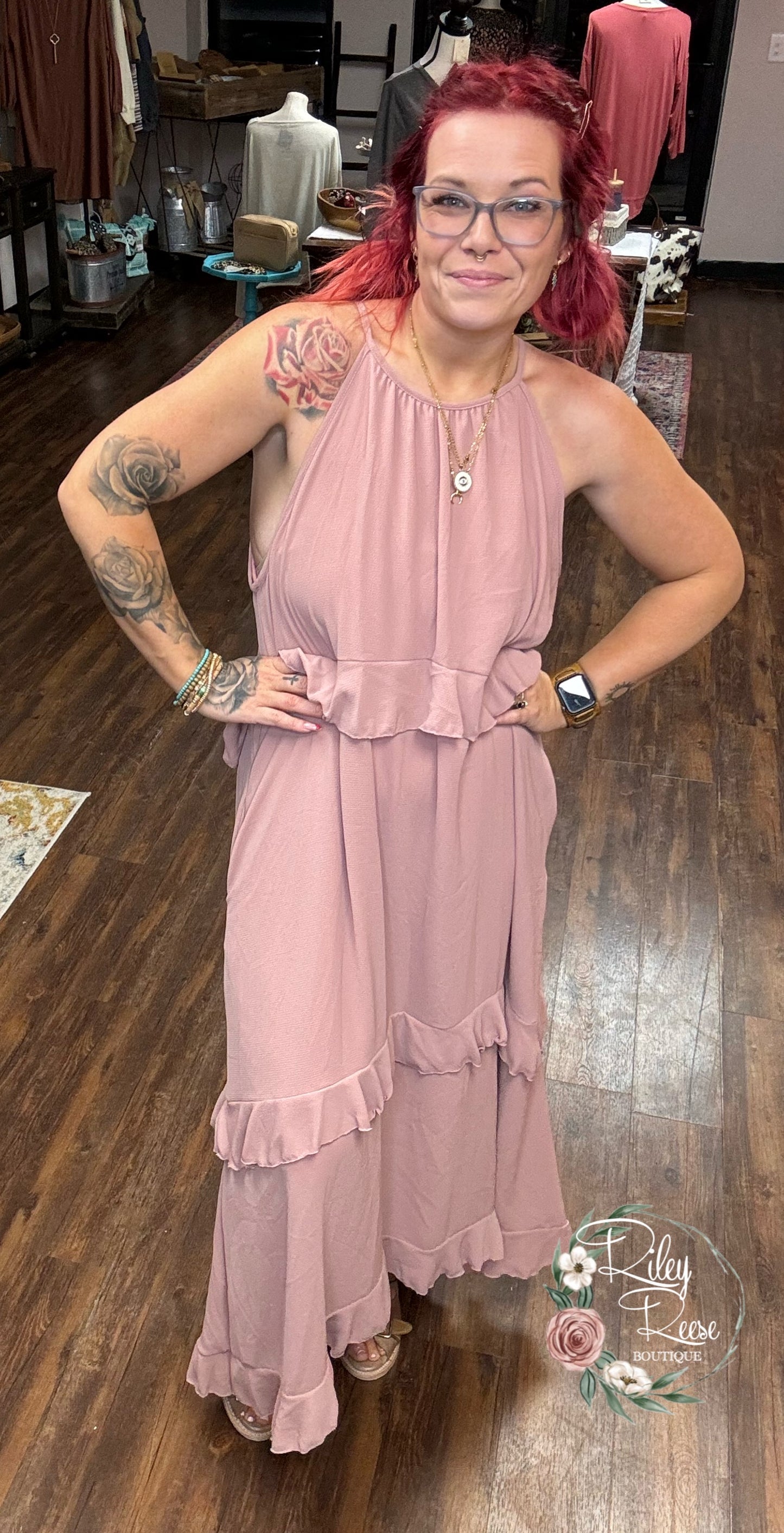 Pink Halter Tiered Dress