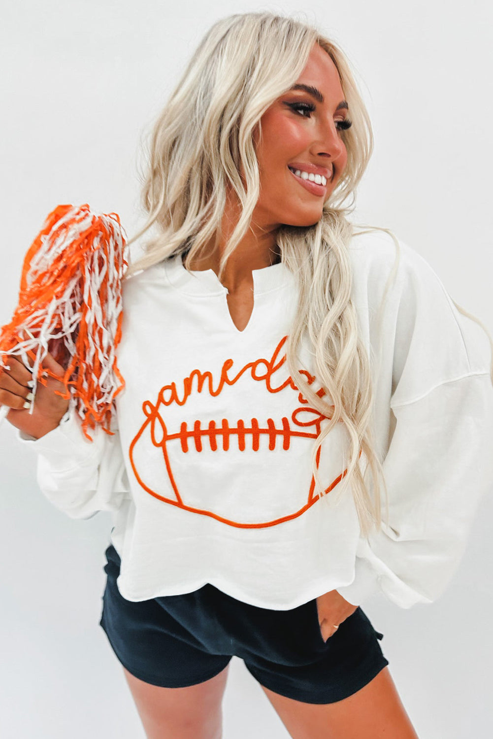 Bright White Game Day Lettering Rugby Notched Neck Sweatshirt