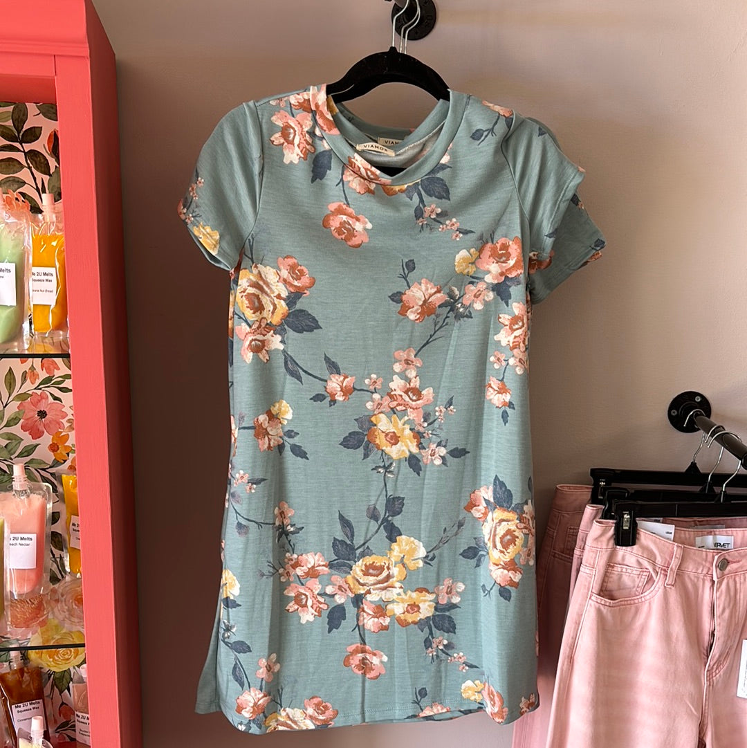 Teal Floral Cotton T dress