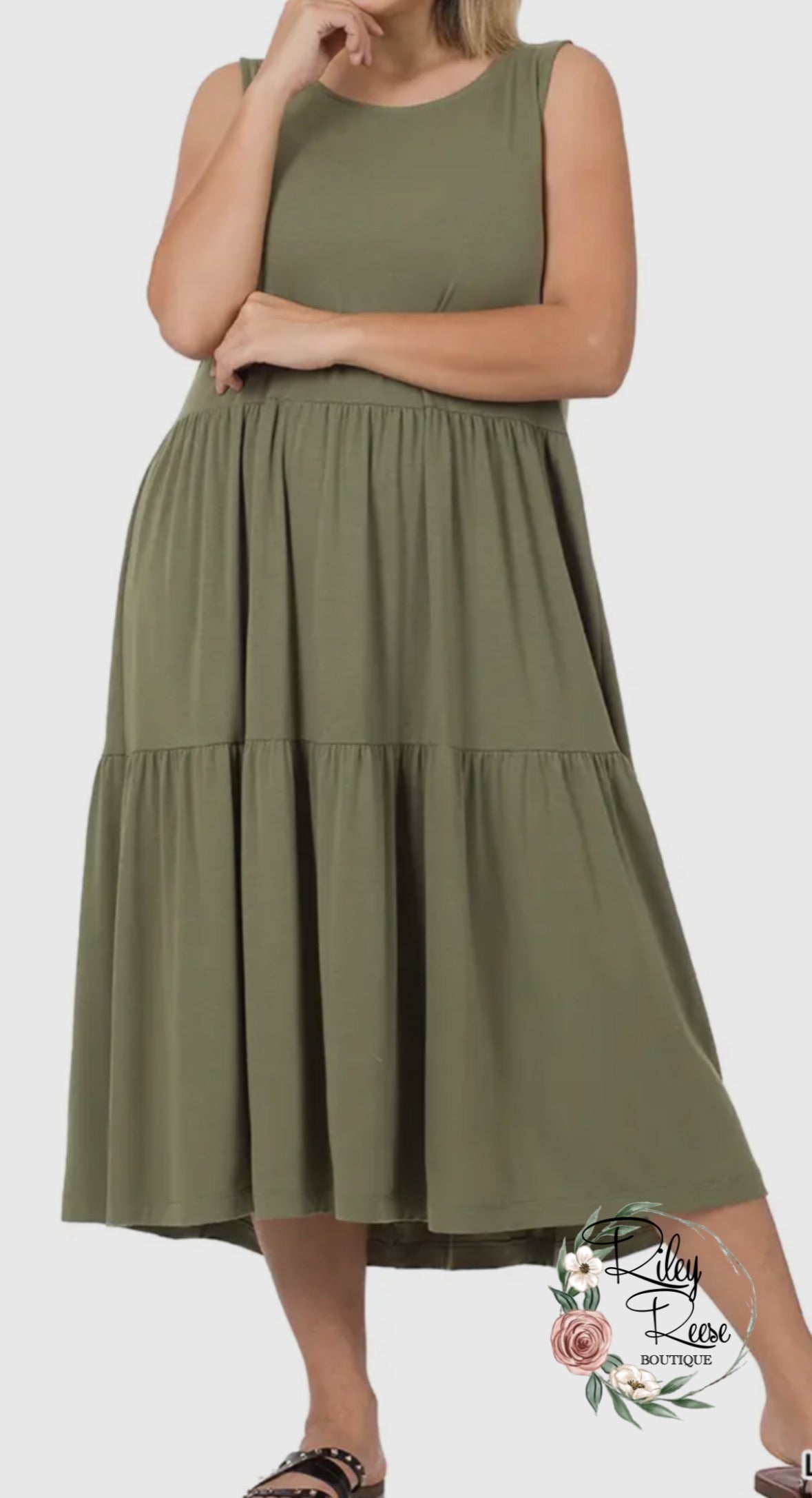 Olive Tiered Midi Curvy Dress