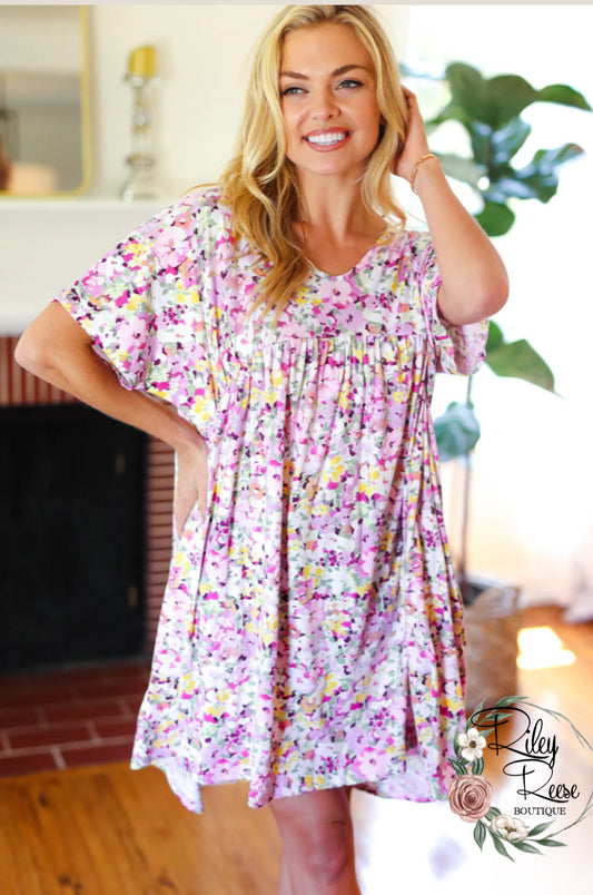 Magenta Floral Loose Pocketed Dress